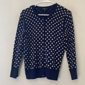SPENSE SWEATER Navy and tan polka dot cardigan Size M NWT